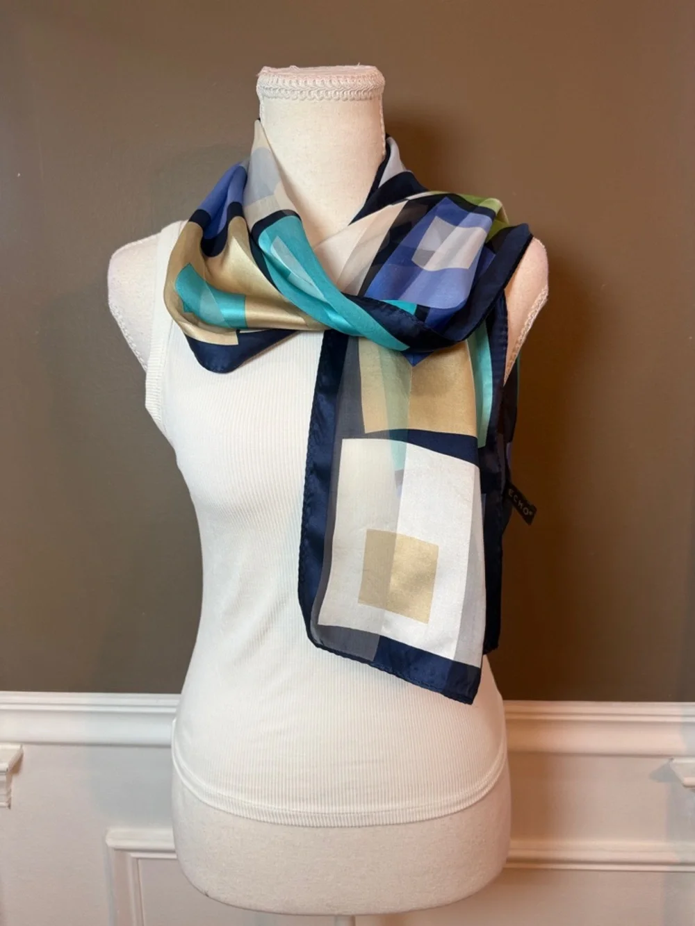 Echo Silk Scarf Y2K Geometric‎ Blue Green Sheer Lightweight